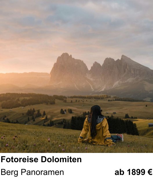 Themenbezogener Fotokurs für Aufnahmen zu Fotoreise Dolomiten: Berg Panoramen
